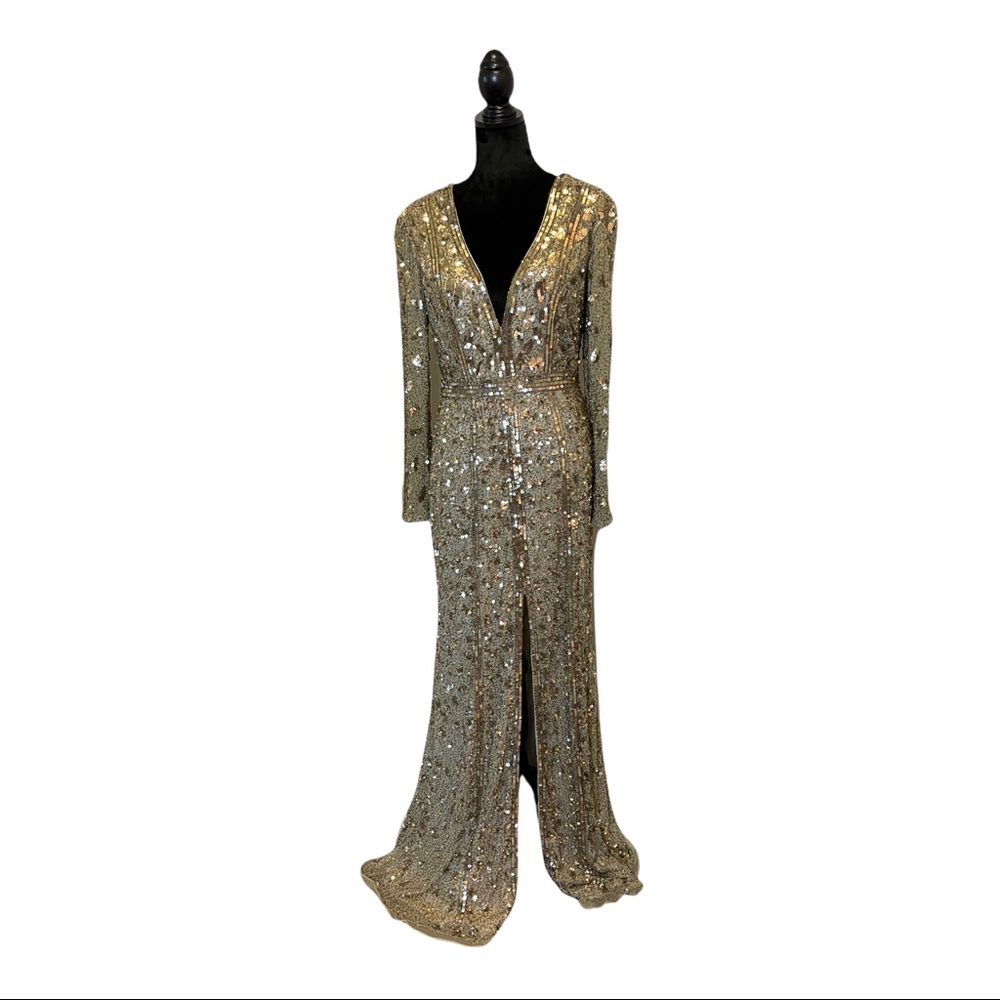 Mac Duggal 5002 Sequin Bead Gown SZ 8 Antique Gold Mrsp $598